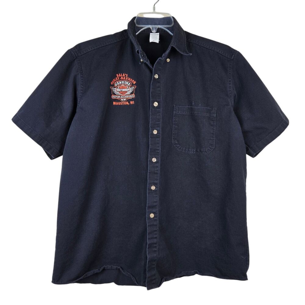Vtg Harley Davidson XL Bala's Mauston WI Black Short Sleeve Button Front Shirt